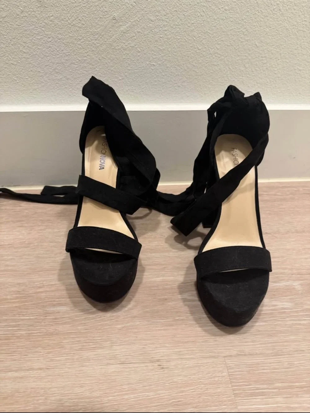Fashion Nova Black Lace-Up Platform Block Heels